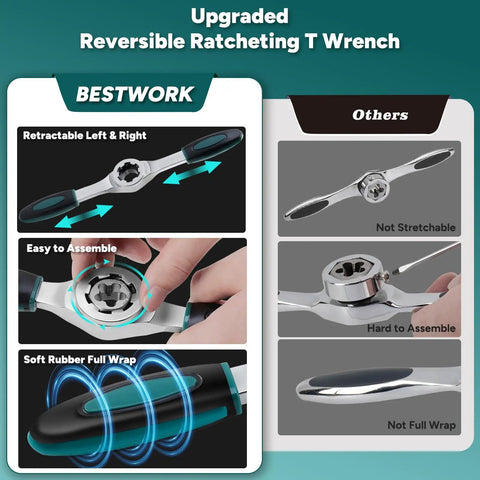 Upgraded reversible ratcheting T-wrench with retractable ends, easy assembly, and soft rubber full wrap handle.