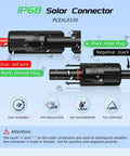 Diagram of Two 30 Ft 10 AWG Solar Panel Extension Cables With Waterproof Male And Female Connectors, labeled black and red.