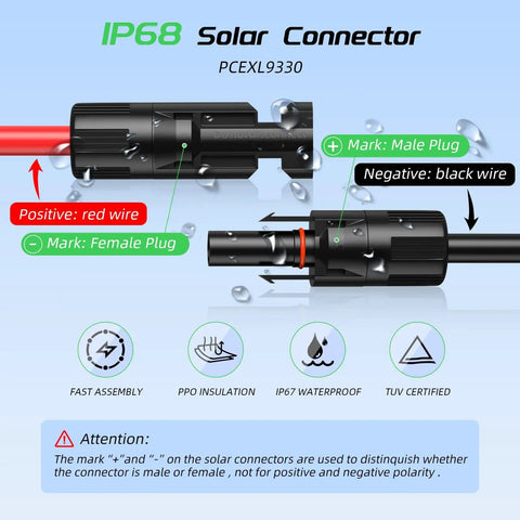 Diagram of Two 30 Ft 10 AWG Solar Panel Extension Cables With Waterproof Male And Female Connectors, labeled black and red.
