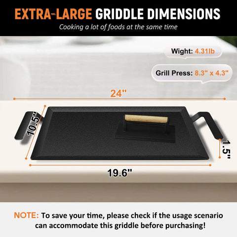 Heavy Duty Large Carbon Steel Griddle For Outdoor Gas Grill And Stove Pre-Seasoned Non Stick Surface dimensions showing 24" x 19.6" size.