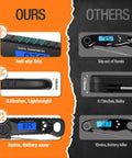 Comparison chart showing features of Ultra Fast Digital Meat Thermometer vs competitors, highlighting grip, size, and battery life.