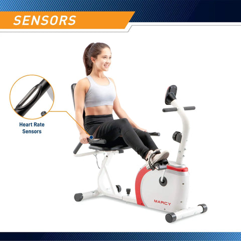 Recumbent Exercise Bike With Magnetic Resistance And Pulse Sensor NS908R White, showing heart rate sensors on handlebars.