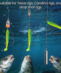120 Piece EWG Worm Hook Set For Bass Fishing with rigs underwater, showing offset hooks with lime green baits and fish chasing.