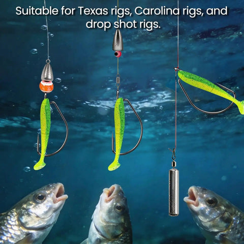 120 Piece EWG Worm Hook Set For Bass Fishing with rigs underwater, showing offset hooks with lime green baits and fish chasing.