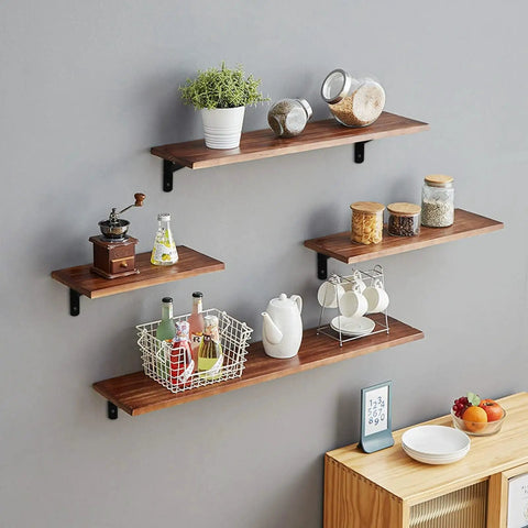 Heavy Duty Shelf Brackets 12 x 8 Inch Black Metal L with wood shelves holding kitchen items