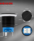 12V Waterproof 22mm Latching Push Button Switch With Blue LED dimensions diagram, metal panel mount SPDT, 1NC 1NO, marine grade