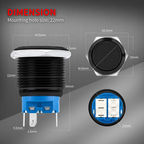 12V Waterproof 22mm Latching Push Button Switch With Blue LED dimensions diagram, metal panel mount SPDT, 1NC 1NO, marine grade