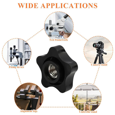 Six Piece Three Eighths Sixteen Thread Five Point Star Thumb Knobs With Ergonomic Non Slip Grip For No Sweat Tightening And Killer Stability On Every Shop Or Weekend Build used in various applications like camera stand and fixing device.