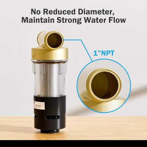 No Nonsense Spin Down Sediment Water Filter With Swivel Stainless Steel Mesh And Easy Rinse Scraper Yields Clean Tap Water Using Switchable 40 Or 100 Micron Screens For Straightforward Household Plumbing close-up of 1 inch NPT connection showing design for strong water flow.