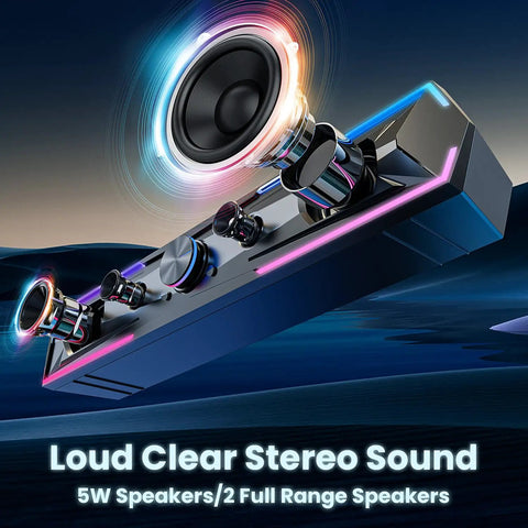 Desktop Computer Speakers With Clear Stereo Sound And Flowing LED Lights, Bluetooth And USB Input, 2x5W Power, Black showcasing LED effect
