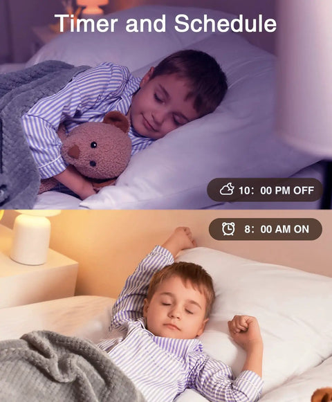 Child sleeping with teddy bear, showcasing Smart E26 A19 LED Light Bulbs 2700K Warm White, 800 Lumens, 8W Dimmable, remote scheduling