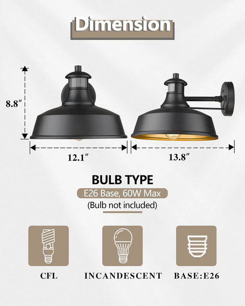Dimensions and bulb type for Motion Sensor Barn Light Outdoor Dusk To Dawn Wall Sconce With Auto On Off