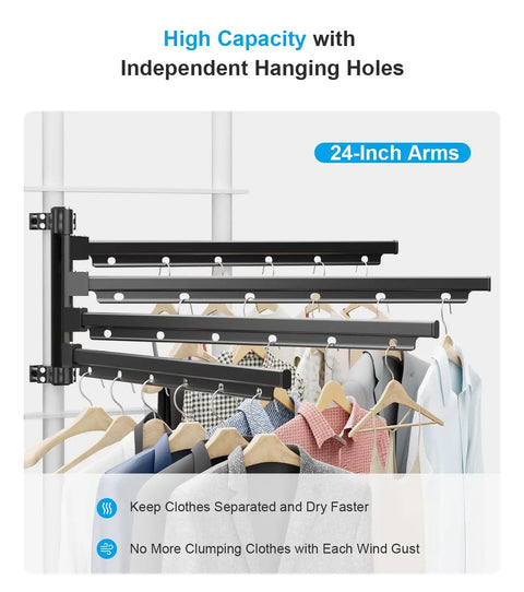 Aluminum RV Clothes Drying Rack Ladder Mounted 24 Inch Long with 180 Degree Swivel Arms holding clothes