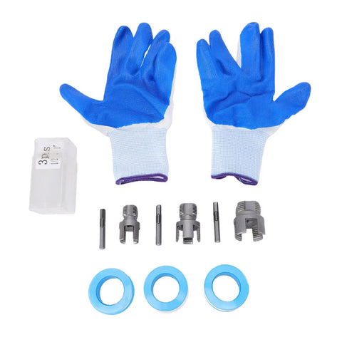 Gowenic 4 In 1 Pipe Threader Tool Kit For Electric Drill with gloves, tap dies, and washers for PVC plumbing jobs.