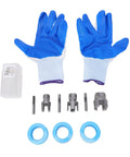 Heavy Duty 4 In 1 Water Pipe Threader Kit For Electric Drill With Alloy Steel Tap Set and Dies, accessories including gloves and blue washers.