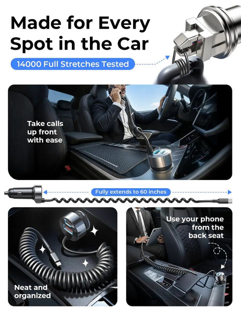 90W USB C Car Charger With 45W Coiled Cable For IPhone 17 16 15 Pro Max And IPhone 17E 16 15 Pro Max Plus Air Galaxy S26 Ultra And Android in car setup showing charger connected to phone with 60-inch extended cable