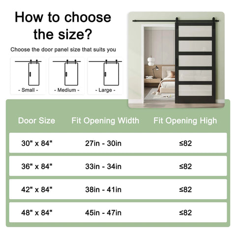 Diagram showing size options for 48 Inch Glass Sliding Barn Door Kit With 8 Ft Track, 5 Panel Frosted Glass, Black Frame.