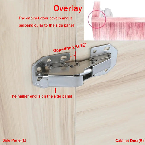 4 Inch Hidden Cabinet Hinges Kit 6 Pack For Frameless Doors 90 Degree Concealed Surface Mount Kitchen Cupboard Hinges With Screws Brushed Stainless Steel Durable Mounting And Easy Install installed on wood surface showing overlay position