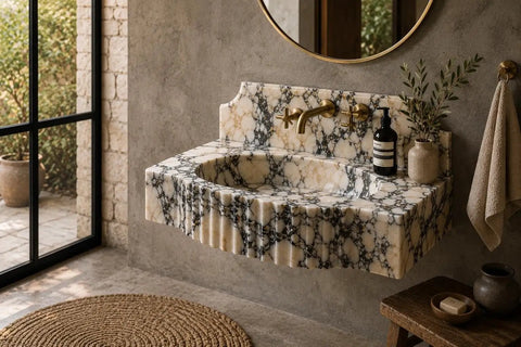 Straight Up Solid Hand Carved Arabescato Marble Wall Mount Sink With Polished Fluted Stone Vanity Basin in a minimalist bathroom