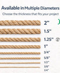Chart showcasing various diameters of Natural Manila Rope 3 Strand Twisted Fiber for Landscaping and Decor, Rustic Indoor Outdoor Utility Rope 3/4 in x 200 ft for Railings, DIY Projects, Crafts, Home Accents, and General Use, ranging from 2" to 1/4".