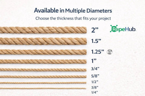 Chart showcasing various diameters of Natural Manila Rope 3 Strand Twisted Fiber for Landscaping and Decor, Rustic Indoor Outdoor Utility Rope 3/4 in x 200 ft for Railings, DIY Projects, Crafts, Home Accents, and General Use, ranging from 2" to 1/4".