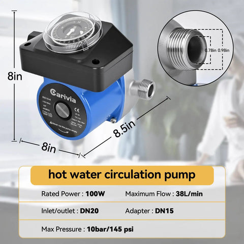 Hot Water Recirculating Pump Kit with Timer for Tank Water Heaters, 110V Electric Circulator, 100W, 10bar max pressure