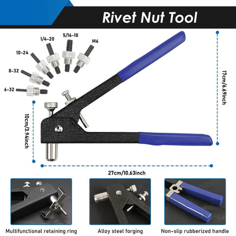 Beast Rivet Nut Tool Kit With 455Pcs Rivet Nuts And 6 SAE And Metric Mandrels, carbon steel tool with blue handles