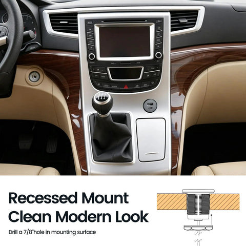 Road Ready 24W USB C Car Charger Featuring Slick Aluminum Housing And Snappy PD 3.0 Plus QC 3.0 Fast Charging For RVs Trucks And Sedans Dash Outlet Plug And Play Power Hub installed in car console.