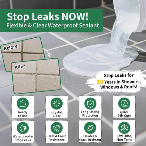 Transparent Waterproof Sealant 12 Oz Water Based Leak Repair Coating for indoor and outdoor use shown sealing leaks on tiles