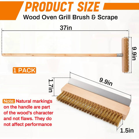 37 Inch Wood Handle Pizza Oven Brush With Scraper, Grime Bustin Outdoor Cleaning Tool With Brass Bristles And Steel Scraper
