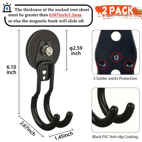 Magnetic Hooks 2 Pack Heavy Duty With Anti Slip Coating And Non Slip Bent Design For Garden Tools And Ropes 20 Lb Capacity