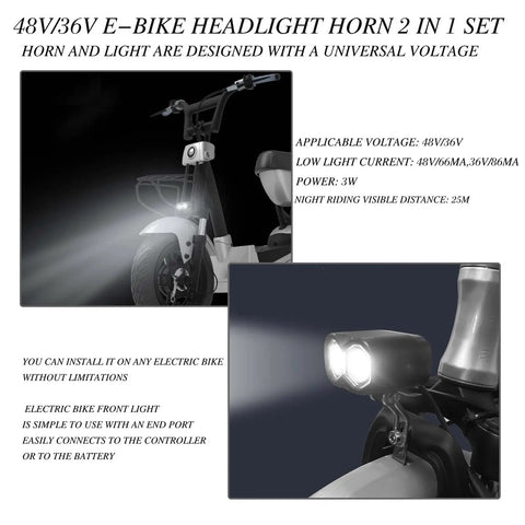 Front Light With Horn For E Bikes 115 Lux Bright LED Headlight 75 To 100 dB Horn Alarm Waterproof 3 Pin M8 Connector