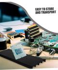 Two Piece Static Bar Rack for Circuit Boards ESD Safe Mount Tray with Strip Design on a workbench with electronics