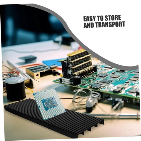 Two Piece Static Bar Rack for Circuit Boards ESD Safe Mount Tray with Strip Design on a workbench with electronics