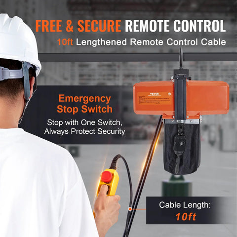 VEVOR electric chain hoist, 1100 lb capacity, orange housing with 10 ft wired remote, overhead crane.
