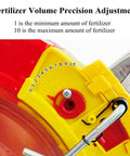 Fertilizer adjustment dial on Manual Seeder Hand Push Garden Spreader with numbers for precision control.