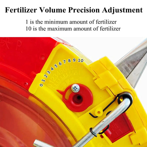 Fertilizer adjustment dial on Manual Seeder Hand Push Garden Spreader with numbers for precision control.