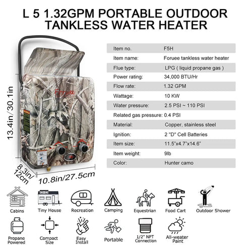 Propane Tankless Water Heater For Off Grid Adventures 1.32 GPM 5 Liter Capacity Hunter Camo Design shown with specs