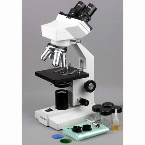 Digital Compound Binocular Microscope With 40X To 2000X Magnification, Brightfield Tungsten Illumination, Abbe Condenser shown with accessories.