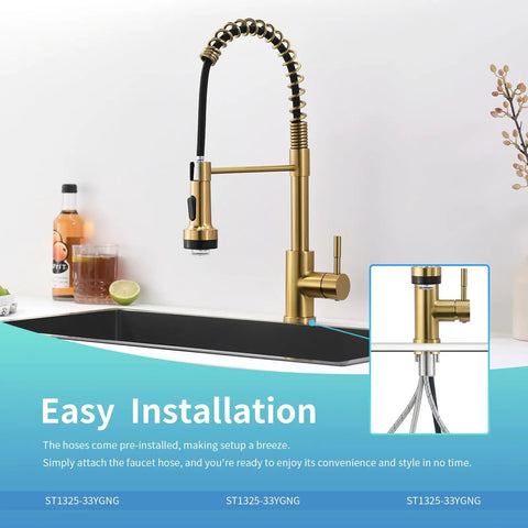 Gold Kitchen Faucet With Pull Down Sprayer, Single Hole, Stainless Steel, LED Temperature Indicator installed on sink