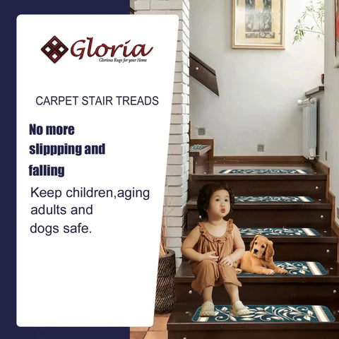 Anti Slip Stair Treads For Pets And Kids, Non Slip Stair Mats With Rubber Backing, Floral Turquoise Design, Durable Safe Grip, Easy Install, Pet Friendly Stair Grippers Set Of 15
