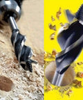 Killer Cut 11 Piece Hex Shank Wood Drill Bit Set 10mm To 32mm showing spiral design piercing wood with shavings.