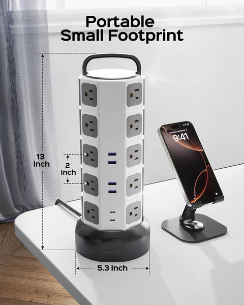 26 In 1 Power Station With 20 Outlets And 6 USB Ports Including 2 USB C Flat Plug Extension Cord 6 Point 5 Ft visible on desk