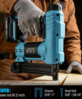 Legendary 18 Gauge Cordless Brad Nailer And Nail Gun With Fast Charge Battery Pack for woodworking, held by a gloved hand.