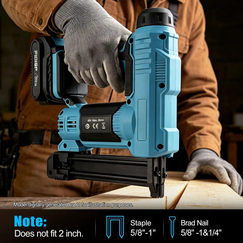 Legendary 18 Gauge Cordless Brad Nailer And Nail Gun With Fast Charge Battery Pack for woodworking, held by a gloved hand.