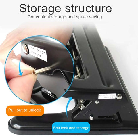 Close-up of Heavy Duty 4 Hole Paper Punch With Built In Ruler For Up To 30 Sheets showing bolt lock and storage feature