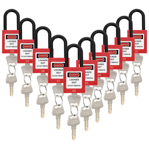 10 Pack Lockout Tagout Padlocks For Stations And Devices, Keyed Differently, Red Plastic Unibody Locks With Two Keys Per Lock