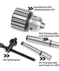 Heavy Duty Drill Chuck Set 5/8 Inch Capacity With JT33 MT2 And JT33 MT1 Taper Arbors 3/8 X 16 TPI And 1/4 X 20 TPI components