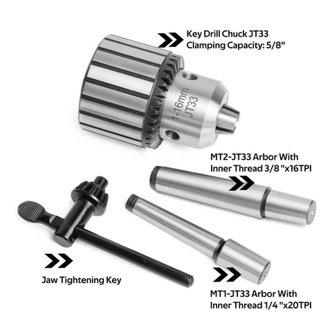 Heavy Duty Drill Chuck Set 5/8 Inch Capacity With JT33 MT2 And JT33 MT1 Taper Arbors 3/8 X 16 TPI And 1/4 X 20 TPI components