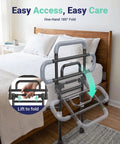 One Hand Fold Bed Rail For Seniors, black rail folded beside wooden bed, 180 degree folding functionality with easy lift detail shown